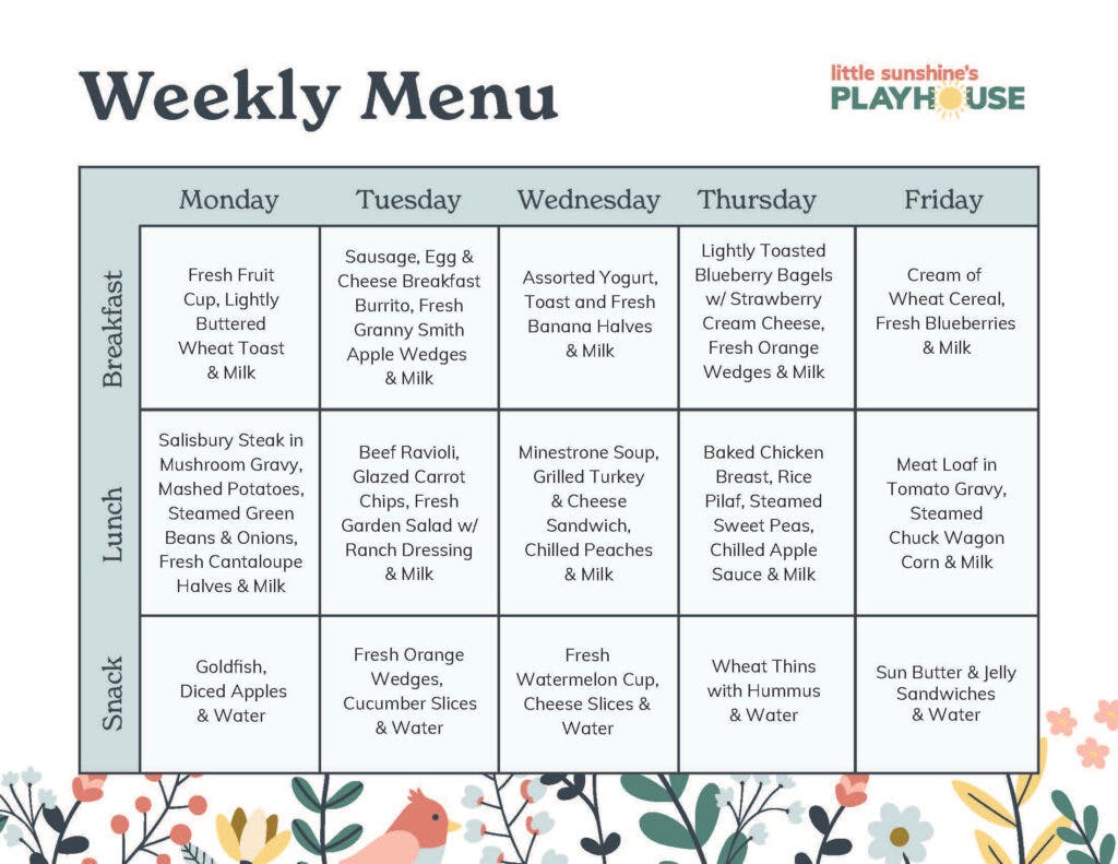 Little Sunshine's Playhouse Weekly Menu Sample